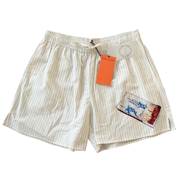 Stine Goya Crisp Stripe Shirting Shorts Womens Size S White Blue Matchbox Print‎